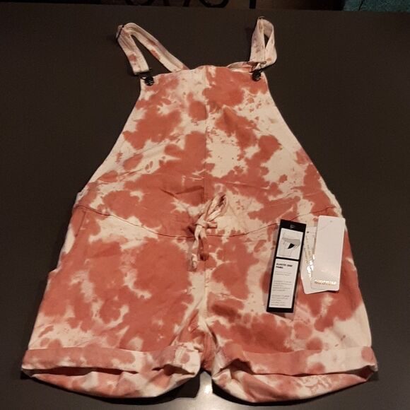 Planet Motherhood Coral Tie Dye Bib Short Overalls - Picture 1 of 11